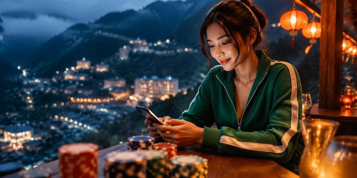 Người dùng tại Hội An sử dụng điện thoại để trải nghiệm casino di động dưới ánh đèn lồng